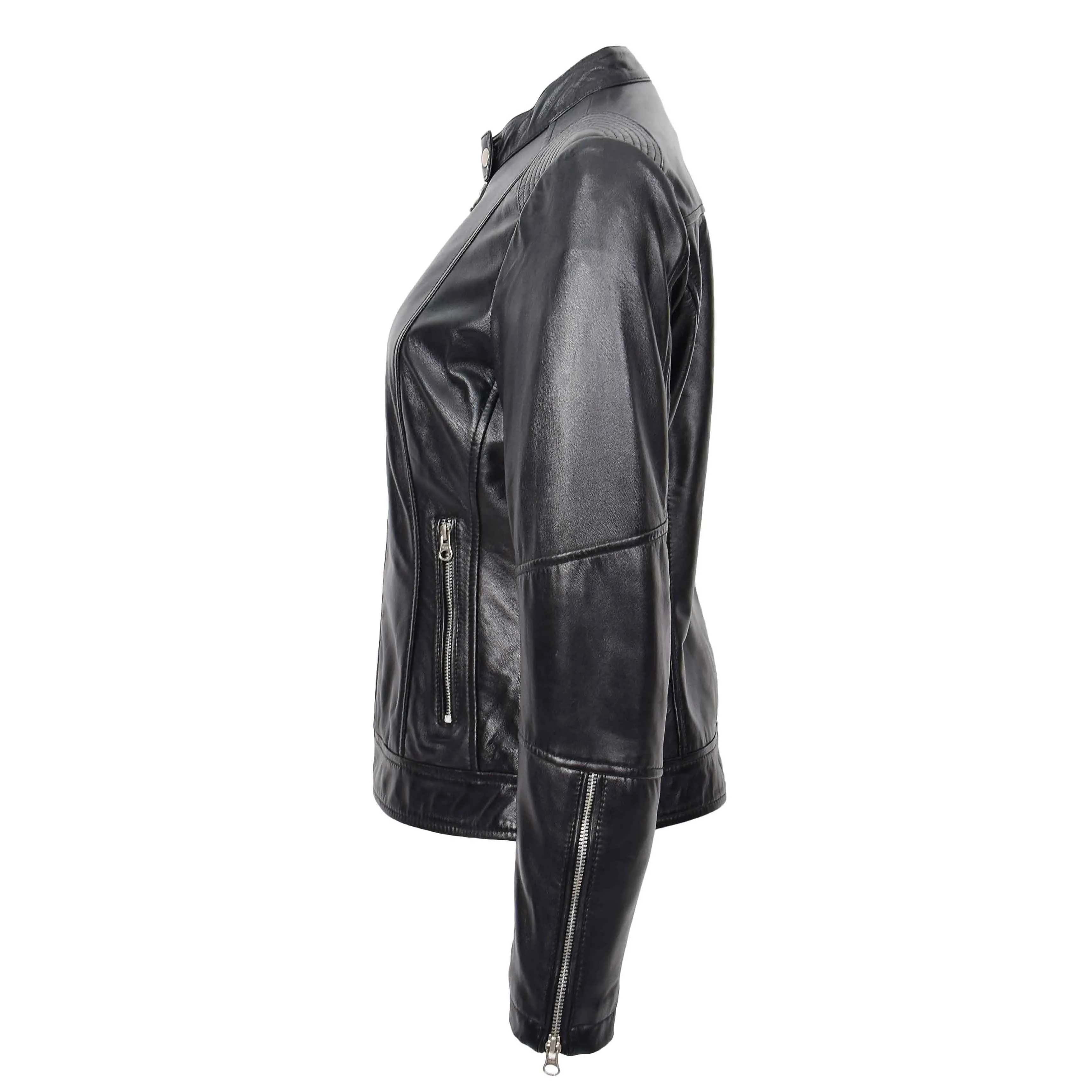 Womens Genuine Leather Biker Jacket Zip Casual Naomi Black