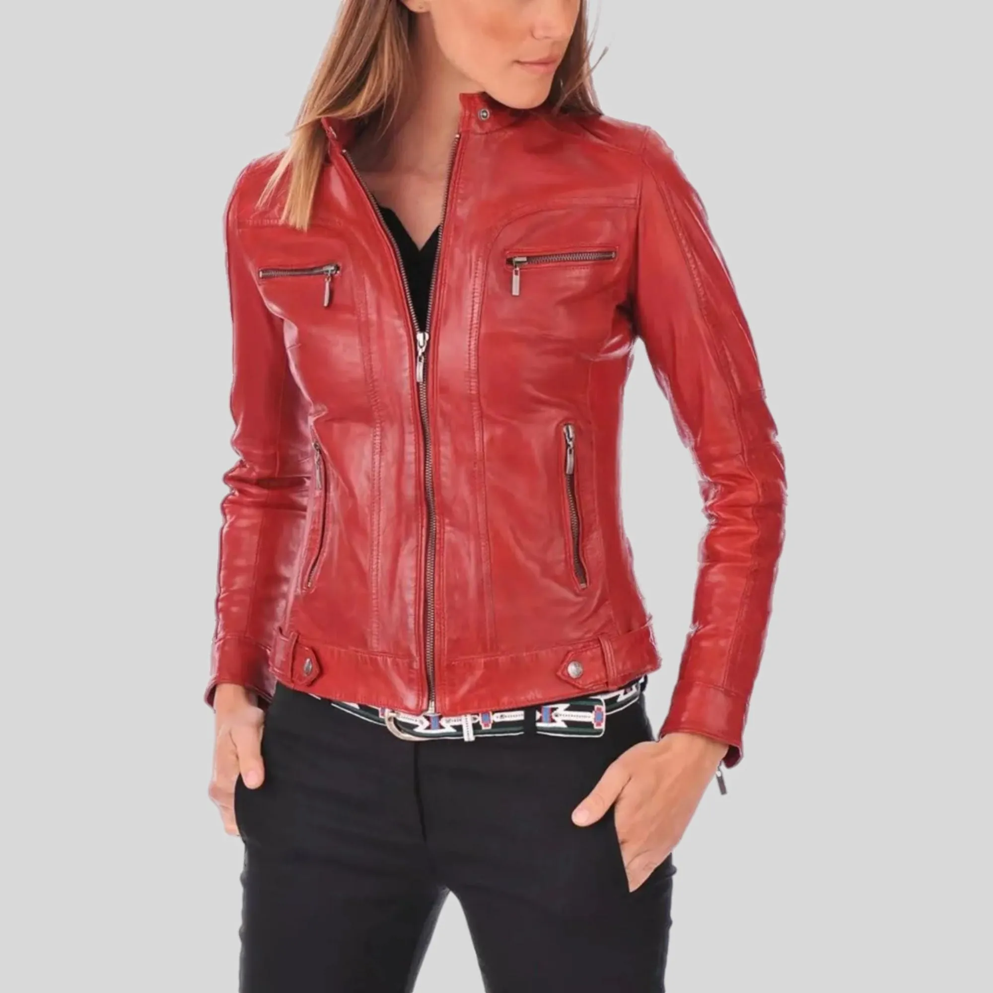 Women's Red Genuine Lambskin Café Racer Leather Jacket