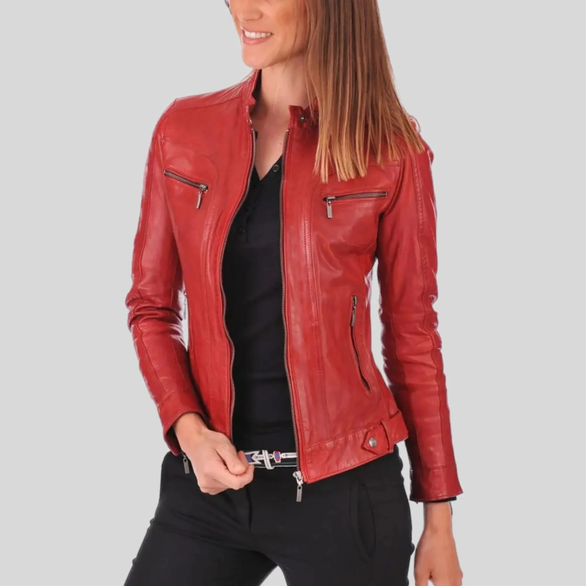 Women's Red Genuine Lambskin Café Racer Leather Jacket